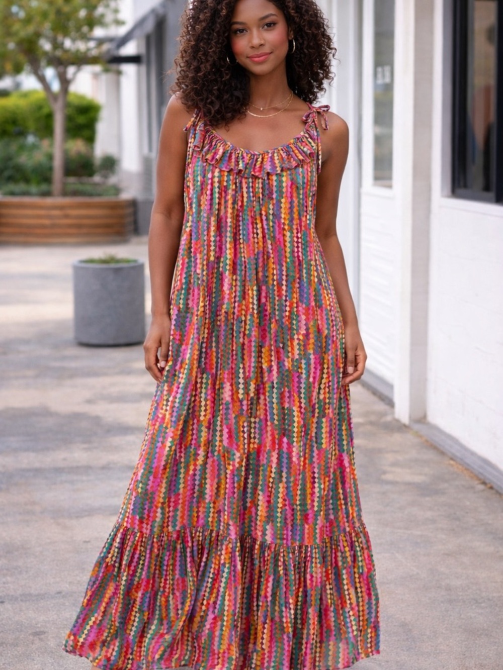 Vibrant Multicolor Tie-Shoulder Maxi Dress